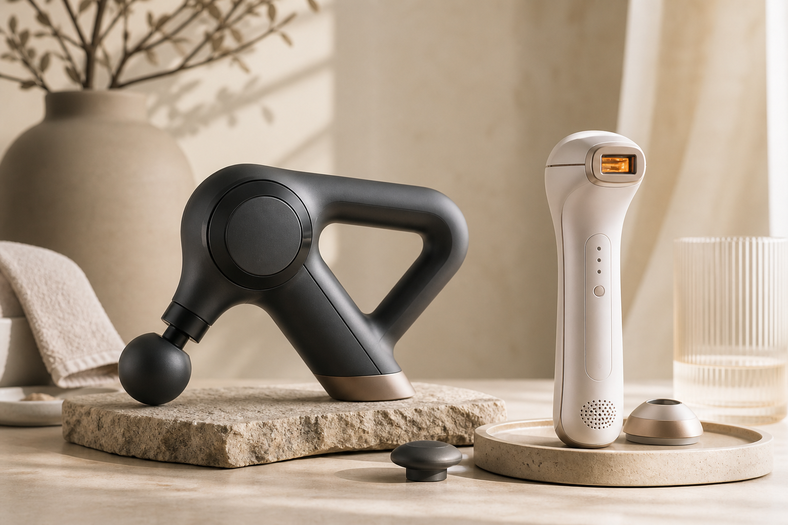 Hovent massage and beauty devices arranged in a warm premium studio scene